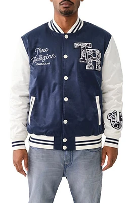 True Religion Brand Jeans Souvenir Satin Snap-Up Varsity Jacket Dress Blue /Winter White at Nordstrom,