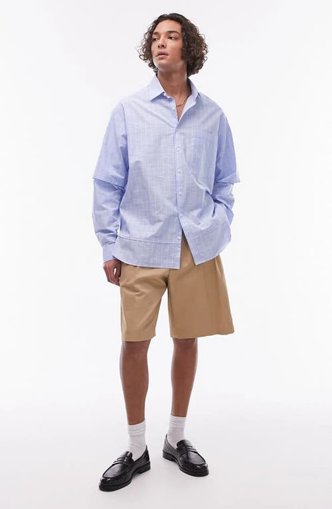 Topman Oversize Stripe Double Sleeve Button-Up Shirt Light Blue at Nordstrom,