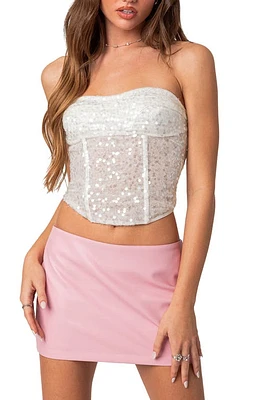 EDIKTED Sequin Lace-Up Strapless Corset Crop Top White at Nordstrom,