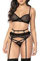 Mapale Dotted Mesh Bra, Thong & Garter Belt Set in Black at Nordstrom, Size Medium