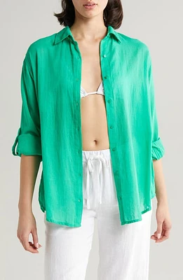 Elan Cotton Button-Up Cover-Up Shirt Green Bright at Nordstrom,