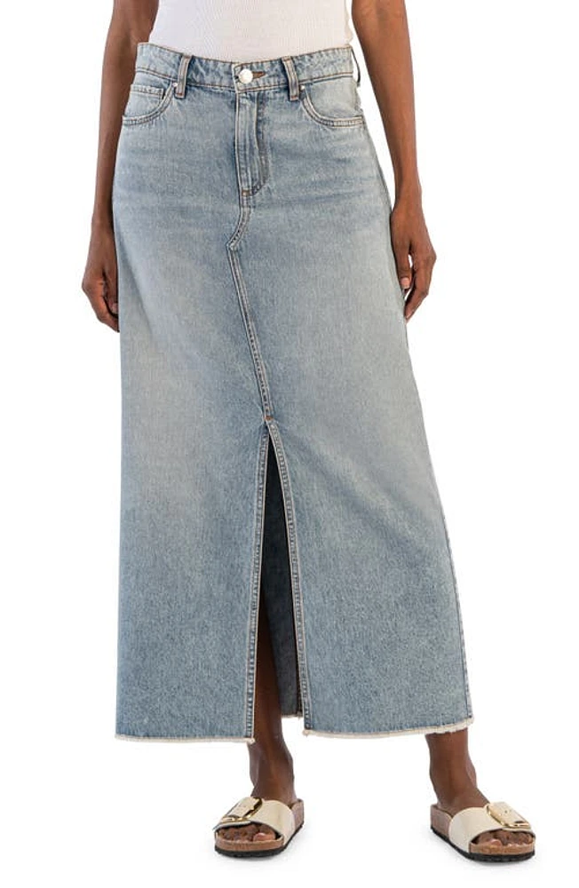 KUT from the Kloth Brea High Waist Fringe Hem Denim Maxi Skirt Medium Wash at Nordstrom,