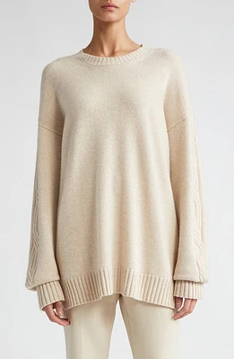 Max Mara Vicini Cable Knit Sleeve Cashmere Crewneck Sweater Beige at Nordstrom,