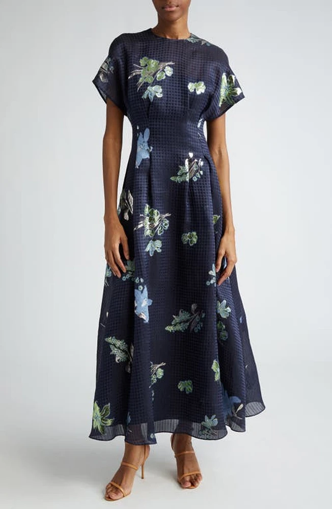 Lela Rose Floral Pleated Metallic Gingham Linen & Silk Blend Dress Navy at Nordstrom,