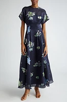 Lela Rose Floral Pleated Metallic Gingham Linen & Silk Blend Dress Navy at Nordstrom,