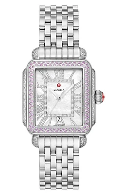 MICHELE Deco Madison Pink Sapphire & Diamond Bracelet Watch, 35mm in Silver at Nordstrom