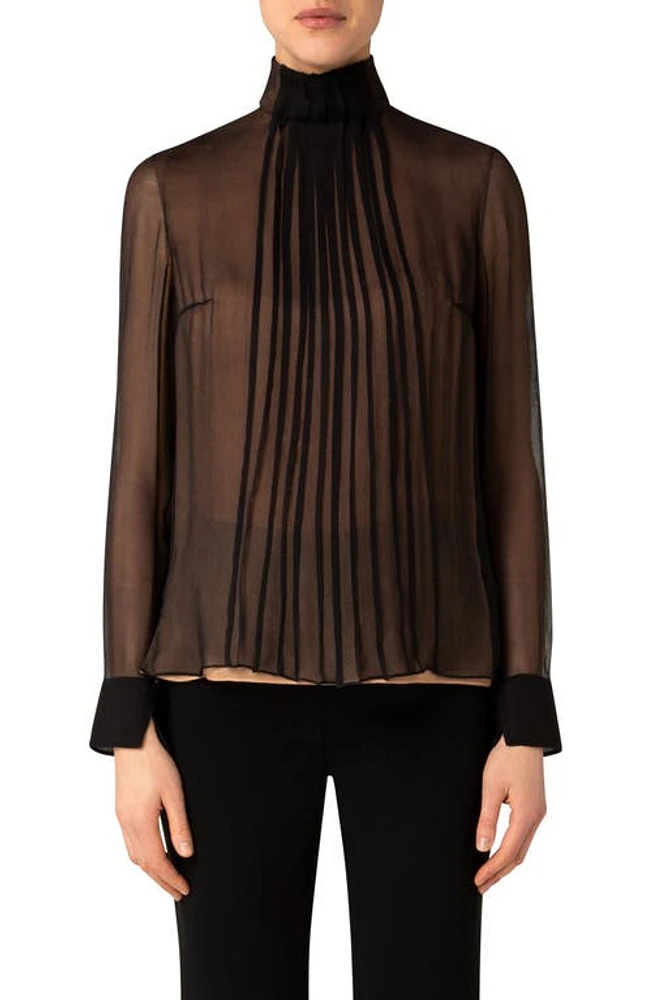 Akris Trapezoid Pleat Mock Neck Silk Georgette Blouse Black at Nordstrom,