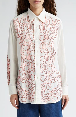 Bode Crossvine Beaded Cotton Button-Up Shirt White Red at Nordstrom,