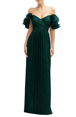 After Six Ruffle Off the Shoulder Metallic Column Gown Evergreen at Nordstrom,