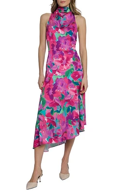 Maggy London Mock Neck Asymmetric Midi Dress Aqua Blue/Pink Berry at Nordstrom,