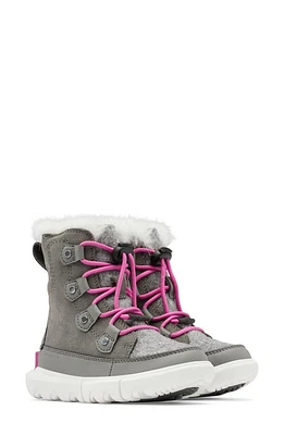 SOREL Kids' Explorer Waterproof Boot with Faux Fur Trim Quarry/Bright Lavender at Nordstrom, M