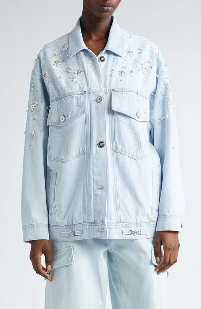 Versace Embellished Oversize Denim Jacket Light Sand at Nordstrom, Us