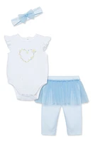 Little Me Daisies Bodysuit, Tutu Leggings & Headband Set Blue at Nordstrom,