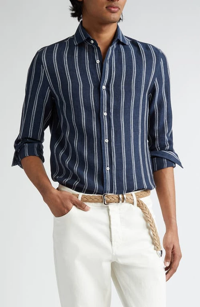 Brunello Cucinelli Stripe Linen Button-Up Shirt Navy at Nordstrom,