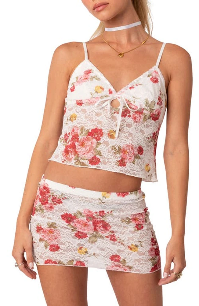 EDIKTED Portofino Floral Sheer Lace Crop Camisole White Multi at Nordstrom,