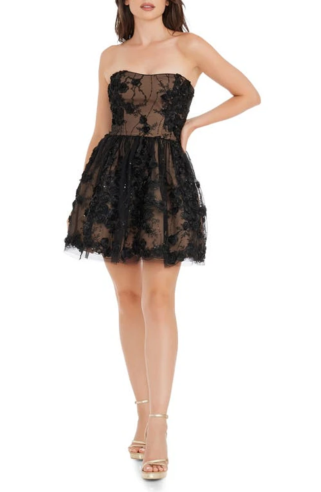 Dress the Population Sasha Floral Appliqué Strapless Minidress Black/Nude at Nordstrom,