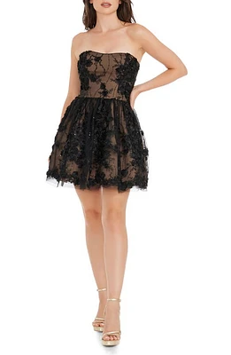 Dress the Population Sasha Floral Appliqué Strapless Minidress Black/Nude at Nordstrom,