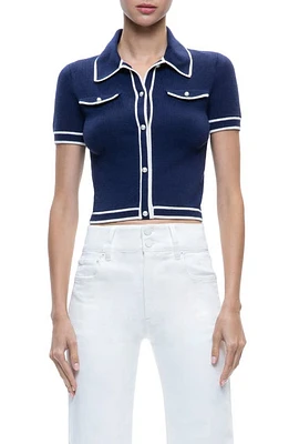 Alice + Olivia Marlena Crop Wool Blend Button-Up Polo Sweater Indigo/Ecru at Nordstrom,