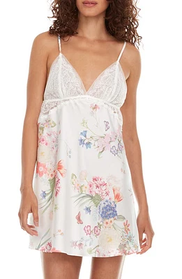 Flora Nikrooz Andrea Floral Lace Trim Satin Chemise Ivory at Nordstrom,