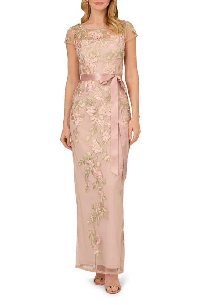 Adrianna Papell Floral Cascading Column Gown in Blush/Nude Multi at Nordstrom, Size 12