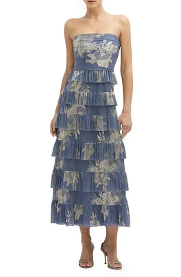 After Six Floral Print Ruffle Strapless Dress in French Blue at Nordstrom, Size X-Large