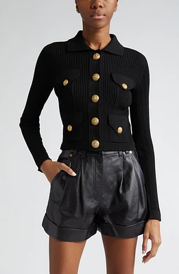 Balmain Crested Button Rib Cardigan 0Pa Black at Nordstrom, Us