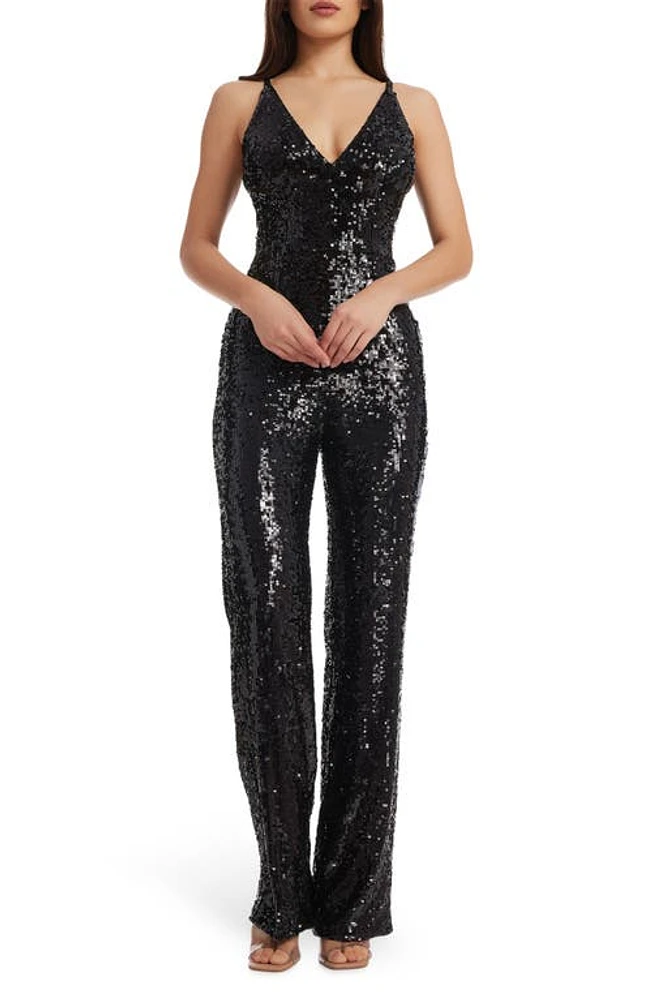 Dress the Population Charlie Sequin Wide Leg Jumpsuit Black at Nordstrom,