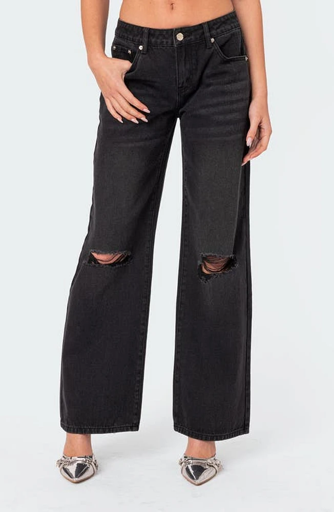 EDIKTED Debbie Ripped Low Rise Wide Leg Jeans Black at Nordstrom,