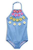 Mini Boden Kids' Floral Appliqué One-Piece Swimsuit Blue Multi Flower at Nordstrom, Y