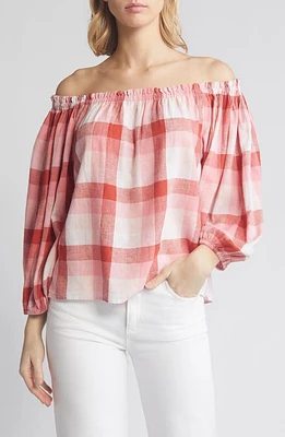 caslon(r) Check Off the Shoulder Linen Blend Top White Multi at Nordstrom,