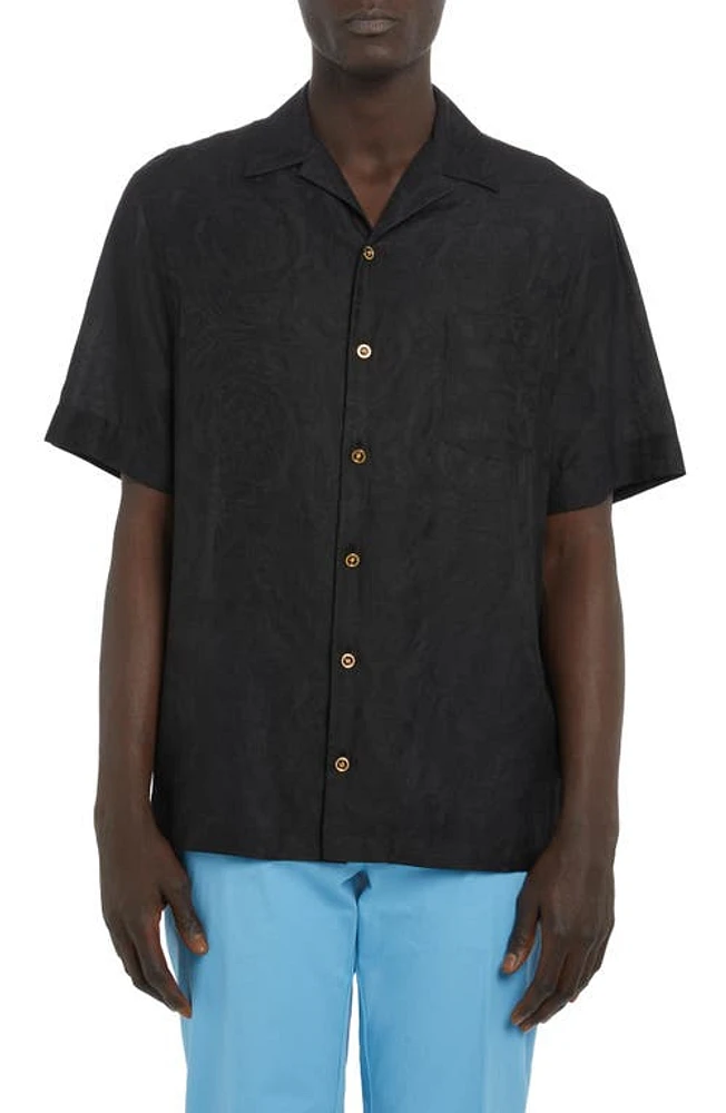 Versace Barocco Silhouette Jacquard Short Sleeve Button-Up Camp Shirt in 1B000-Black at Nordstrom, Size 40 Us