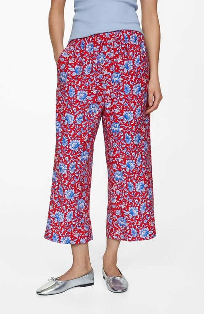 MANGO Floral Crop Wide Leg Pants Red at Nordstrom,