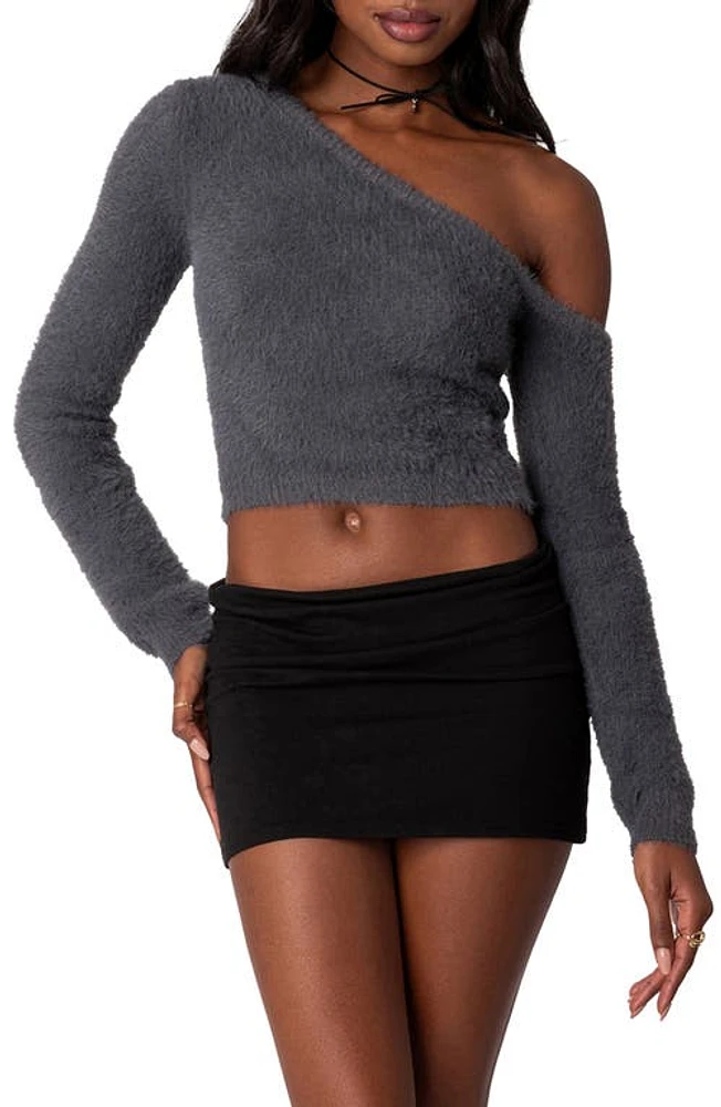 EDIKTED Frannie One-Shoulder Fuzzy Crop Top Gray at Nordstrom,