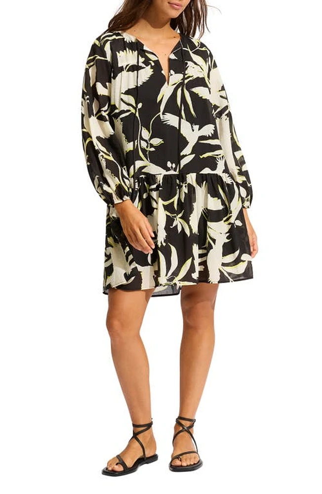 Seafolly Birds of Paradise Tiered Long Sleeve Cotton Cover-Up Dress Black at Nordstrom,