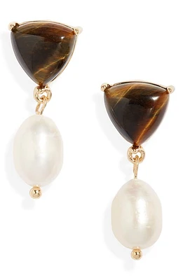 Nordstrom Tiger's Eye & Freshwater Pearl Drop Earrings in Brown- White at Nordstrom