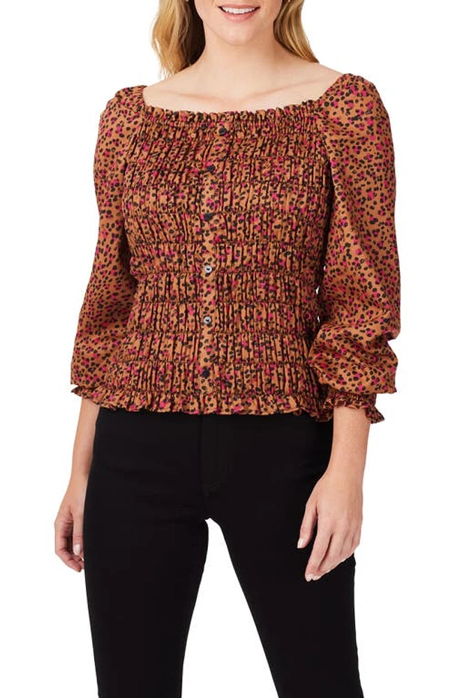 Foxcroft Olivia Smocked Cheetah Print Blouse Black Multi at Nordstrom,