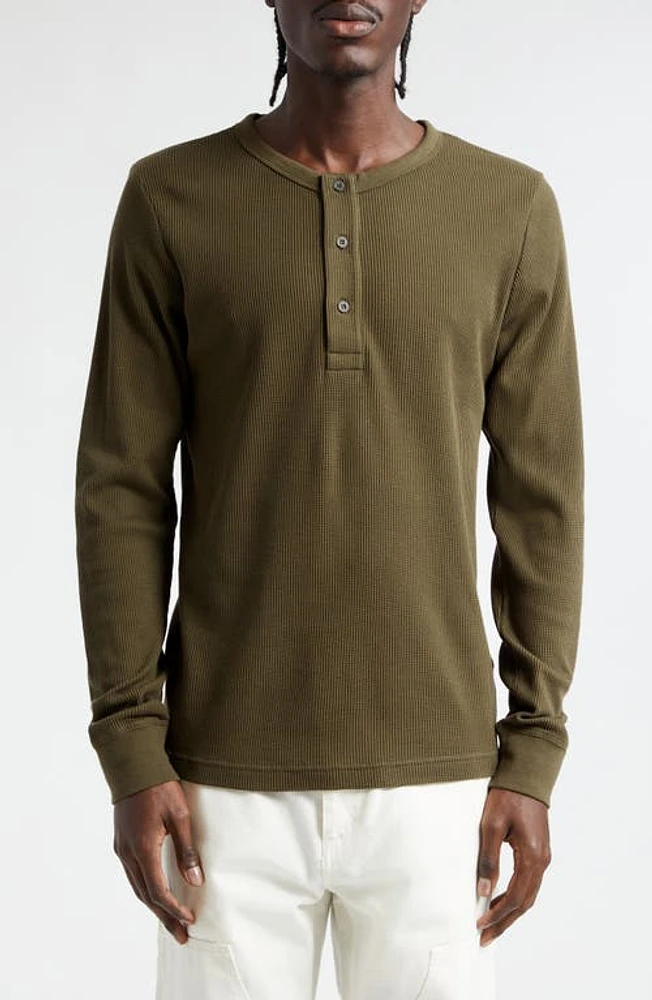 Sunspel Waffle Long Sleeve Cotton Henley Dark Olive at Nordstrom,