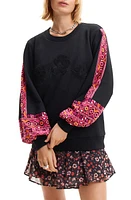 Desigual Embroidered Balloon Sleeve Sweatshirt in Black at Nordstrom, Size Xx-Large