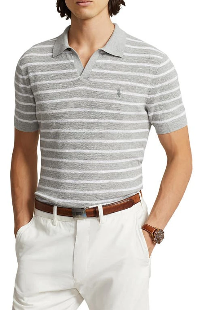 Polo Ralph Lauren Stripe Johnny Collar Cotton & Linen Sweater Andover Heather Combo at Nordstrom,