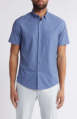 Mizzen+Main Leeward Trim Fit Print Short Sleeve Performance Button-Up Shirt Coastal Fjord Fern Geo at Nordstrom,