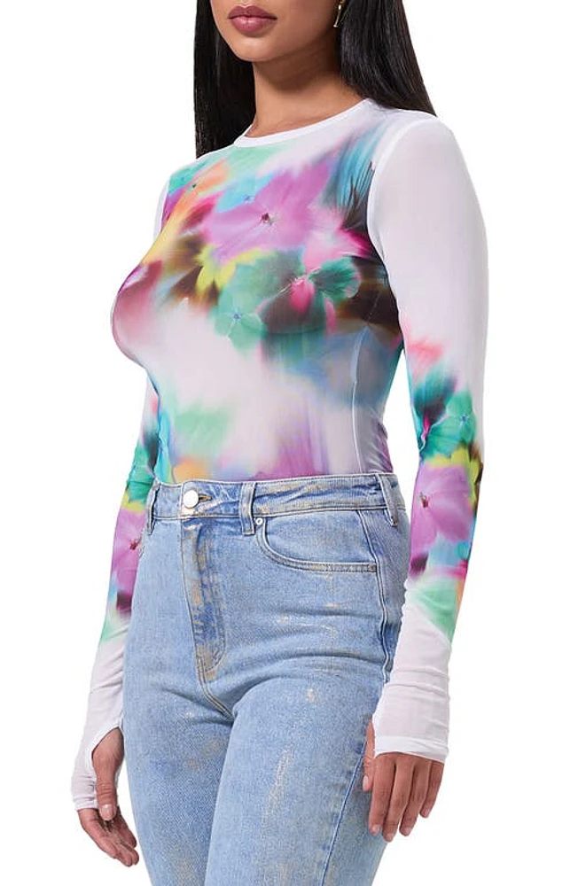 AFRM Kaylee Floral Print Mesh Top Blur Pansy at Nordstrom,