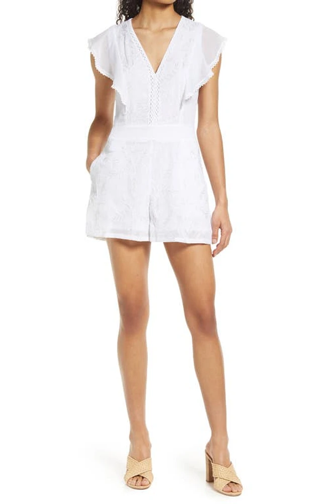 BTFL-life Embroidered Flutter Sleeve Romper in Off White at Nordstrom, Size Medium