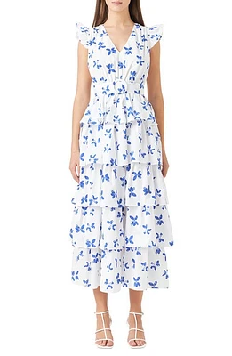 Endless Rose Floral Tiered Belted Maxi Dress White/Blue at Nordstrom,