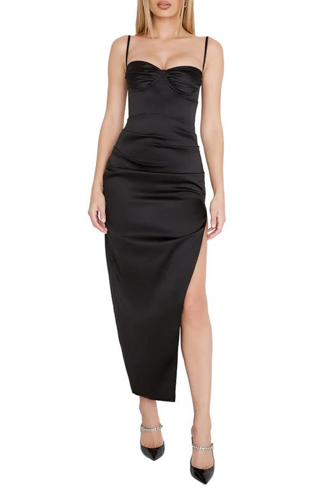 HOUSE OF CB Flora Pleat Corset Midi Dress Black at Nordstrom, A