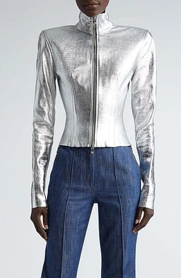 LaQuan Smith Croc Embossed Metallic Leather Jacket Silver at Nordstrom,