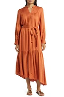 Du Paradis Tie Waist Long Sleeve Asymmetric Maxi Dress Rust at Nordstrom,