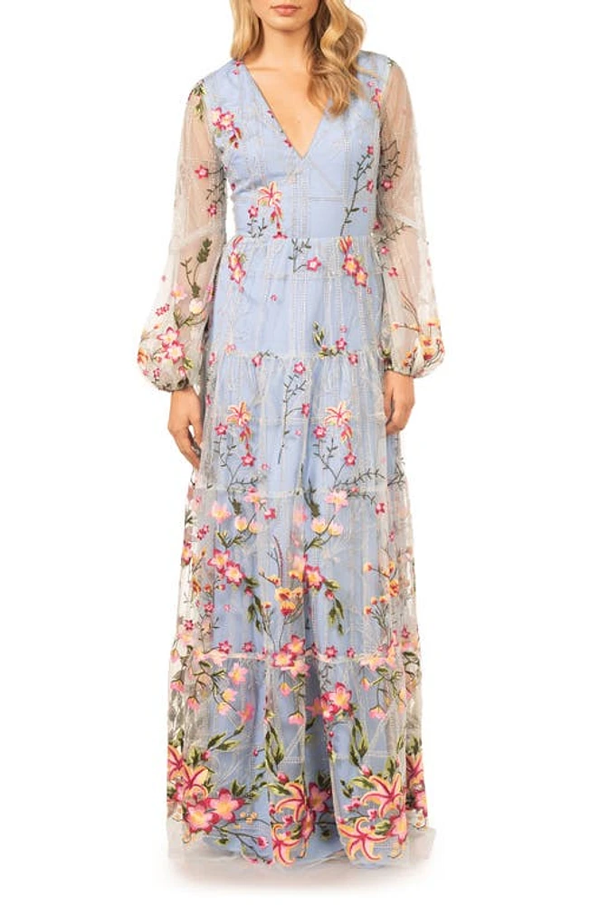 Dress the Population Lyra Floral Embroidery Long Sleeve Tulle Gown Sky Multi at Nordstrom,