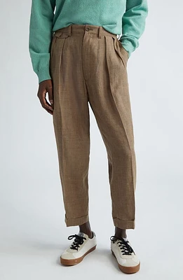 BEAMS Pleated Tapered Leg Linen Blend Pants Brown at Nordstrom,