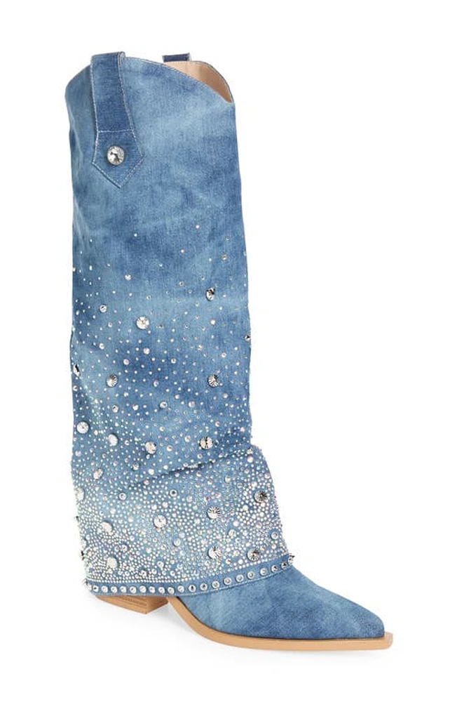 AZALEA WANG Mellow Rhinestone Denim Western Boot Blue at Nordstrom,