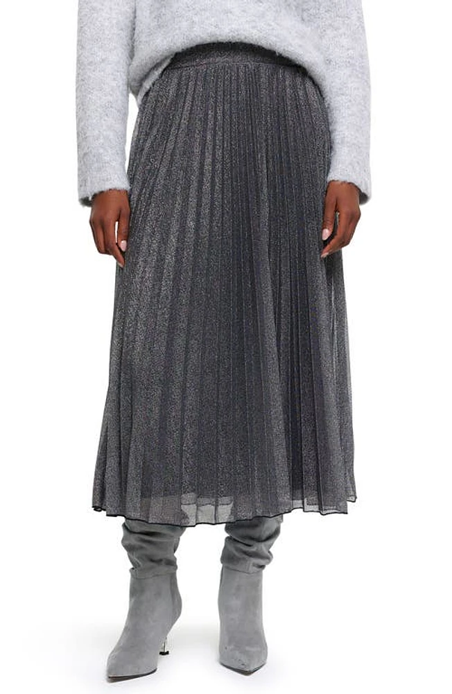 River Island Metallic Plissé Midi Skirt Silver at Nordstrom,